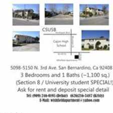 Rental info for New Remodeling and Move-in Speical , 2 minutes to California State University San Bernardino, next to Cajon High School and Elementary School, There is the best school and area in San Bernardino. Live next to school ,save more time for your kids.